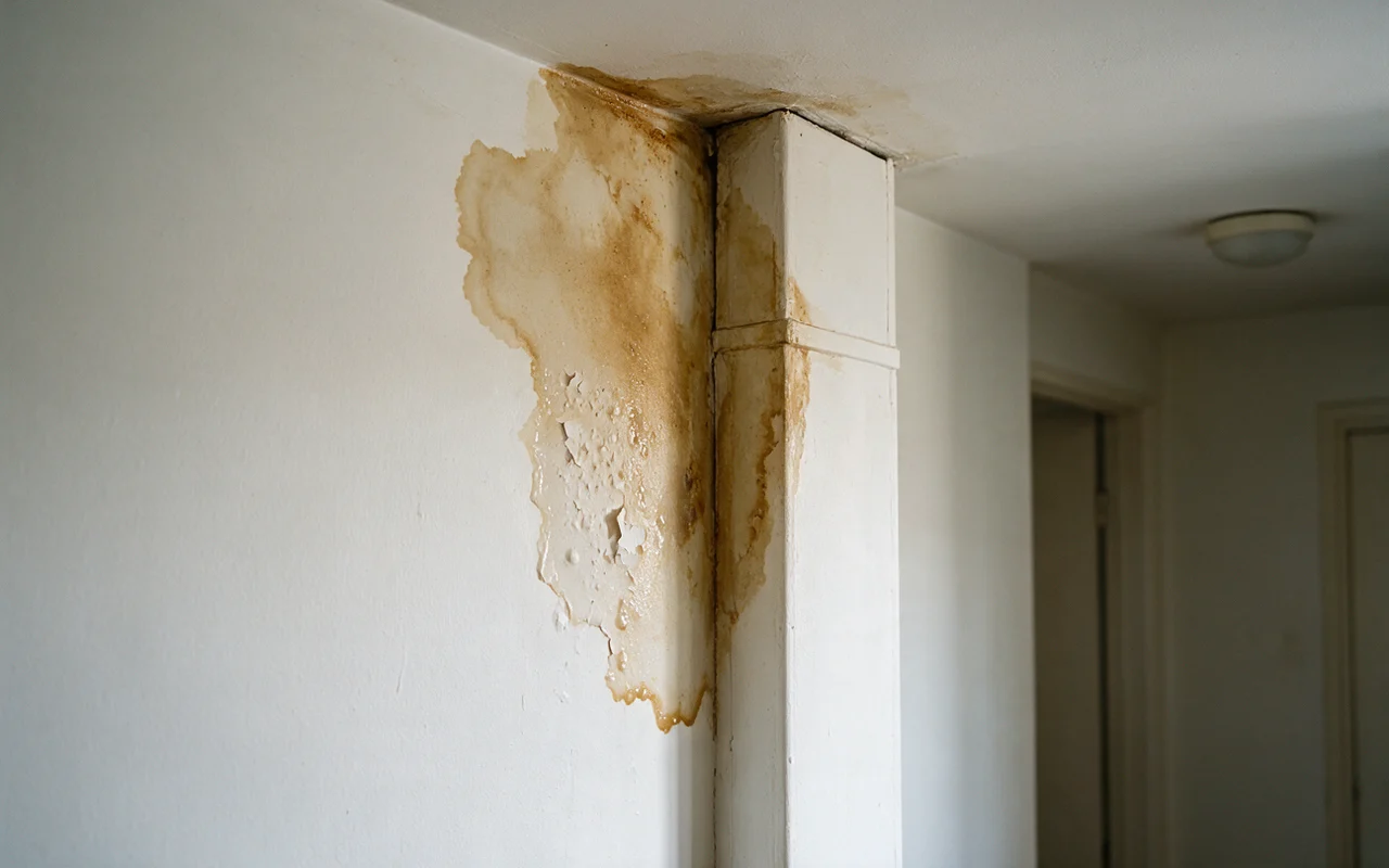 Wasserschaden durch undichtes Fallrohr Wasserschaden durch ein undichtes Fallrohr der Dachentwässerung (KI-generierte Abbildung, aus Gründen der Privatsphäre nachempfunden)